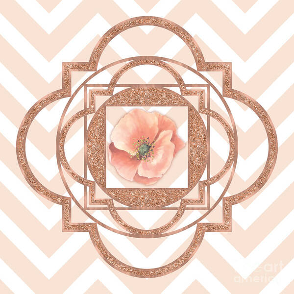 Persian Poppy Art Print featuring the painting Persian Poppy, Rose Gold Quatrefoil, chevron by Tina Lavoie