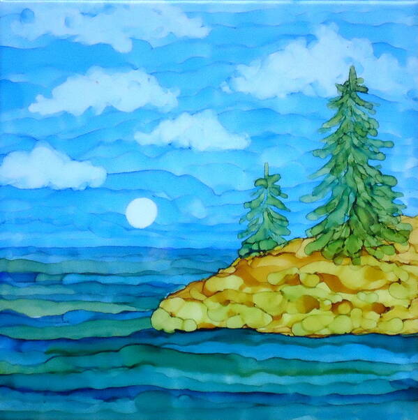 Pine Trees Art Print featuring the painting Pine Tree Moon and Water Painting by Laurie Anderson