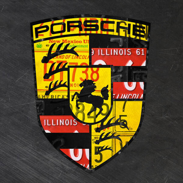 Porsche Art Print featuring the mixed media Porsche Sports Car Logo Recycled Vintage License Plate Car Tag Art by Design Turnpike