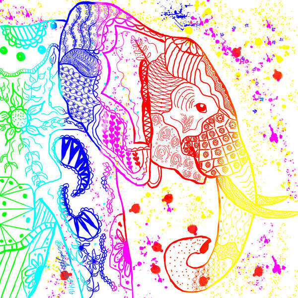 Zentangle Art Print featuring the painting Rainbow Zentangle Elephant by Becky Herrera