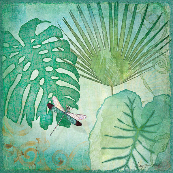 Jungle Art Print featuring the painting Rainforest Tropical - Philodendron Elephant Ear and Palm Leaves w Botanical Dragonfly 2 by Audrey Jeanne Roberts