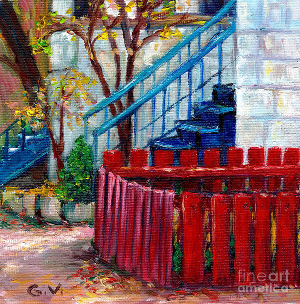 Montreal Art Print featuring the painting Red Fence Plateau Mont Royal Montreal Autumn City Scene Canadian Art Grace Venditti  by Grace Venditti