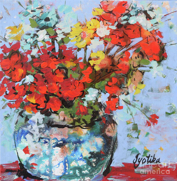  Art Print featuring the painting Red Flowers Vase by Jyotika Shroff