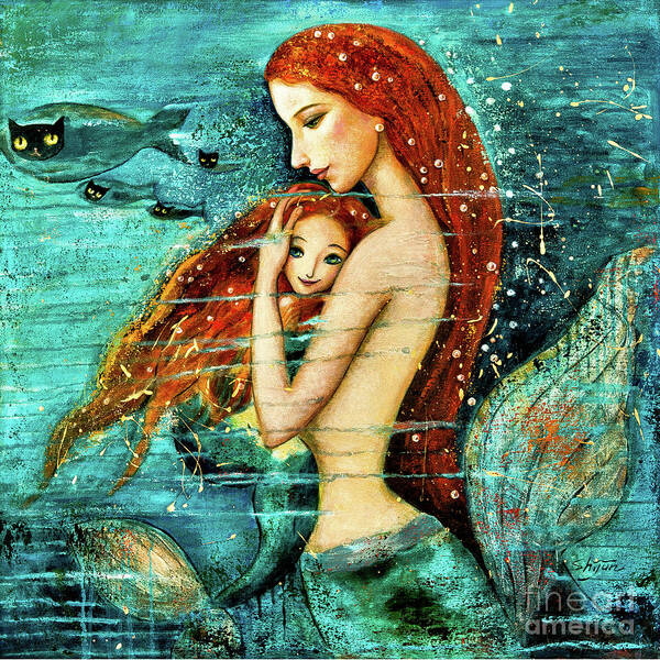 Mermaid Art Art Print featuring the painting Red Hair Mermaid Mother and Child by Shijun Munns
