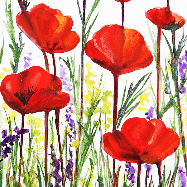 Poppies Art Print featuring the painting Red Poppies Watercolor by Irina Sztukowski by Irina Sztukowski