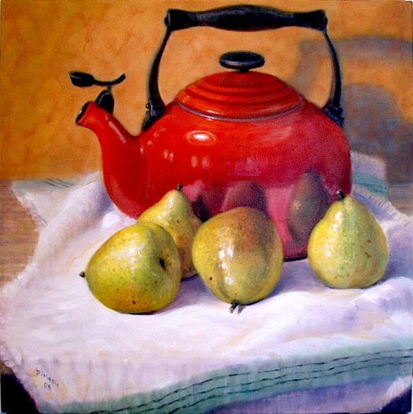 Realism Art Print featuring the painting Red Teapot and Pears by Donelli DiMaria