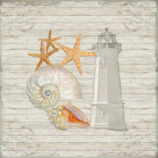 Lighthouse Art Print featuring the painting Refreshing Shores - Lighthouse Starfish Nautilus n Conch over driftwood background by Audrey Jeanne Roberts