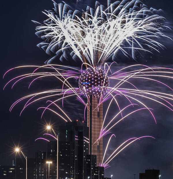 Reunion Tower Art Print featuring the photograph Reunion Tower Fireworks by Robert Bellomy