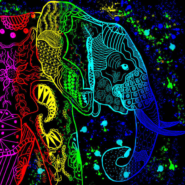 Zentangle Art Print featuring the painting Rainbow Zentangle Elephant with Black Background by Becky Herrera
