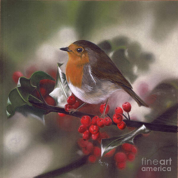 Robin Art Print featuring the pastel Robin and Berries by Karie-ann Cooper