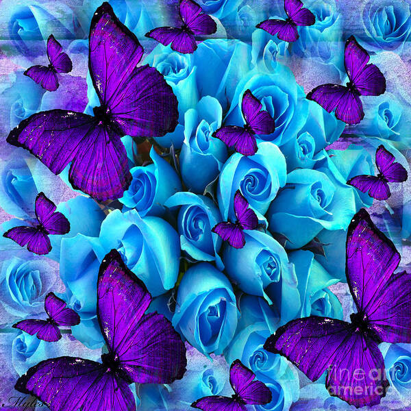 Roses Art Print featuring the painting Roses And Purple Butterflies by Saundra Myles