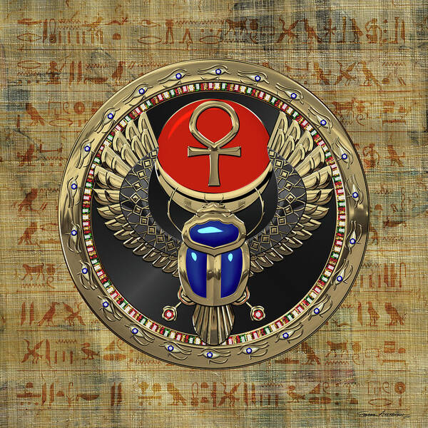 ‘treasures Of Egypt’ Collection By Serge Averbukh Art Print featuring the digital art Sacred Egyptian Winged Scarab with Ankh in Gold and Gems over Papyrus Covered with Hieroglyphics by Serge Averbukh