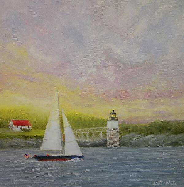Seascape Sailing Sailboat Lighthouse Sunrise Art Print featuring the painting Sailing By Ram Island by Scott W White