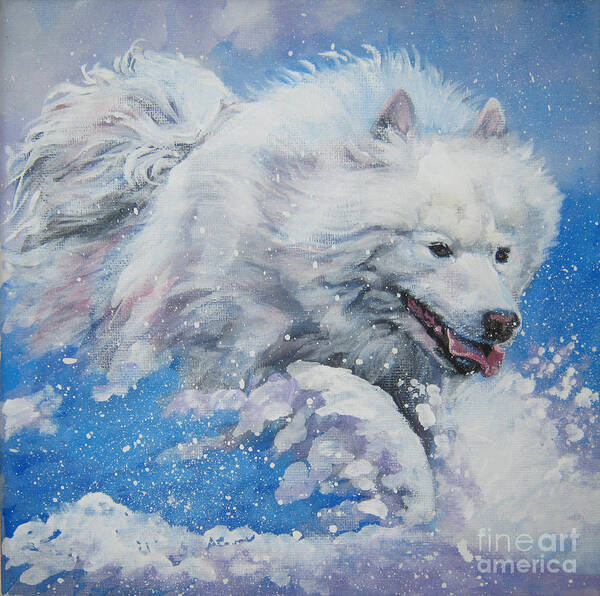 Samoyed Art Print featuring the painting Samoyed running in snow by Lee Ann Shepard