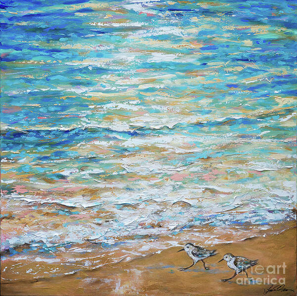 Ocean Art Print featuring the painting Sanderlings by Linda Olsen