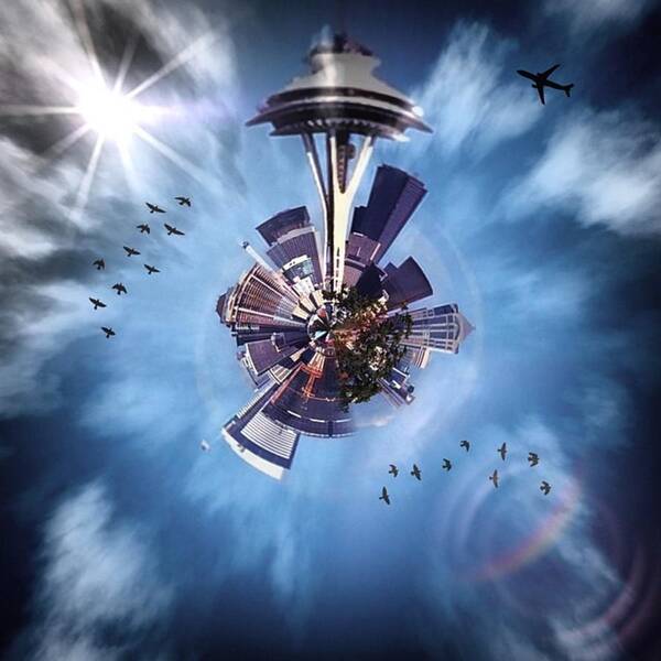 Downtown Art Print featuring the photograph Seattle Space Needle Tiny Planet by Joan McCool