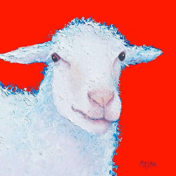 Sheep Art Print featuring the painting Sheep painting on red background by Jan Matson