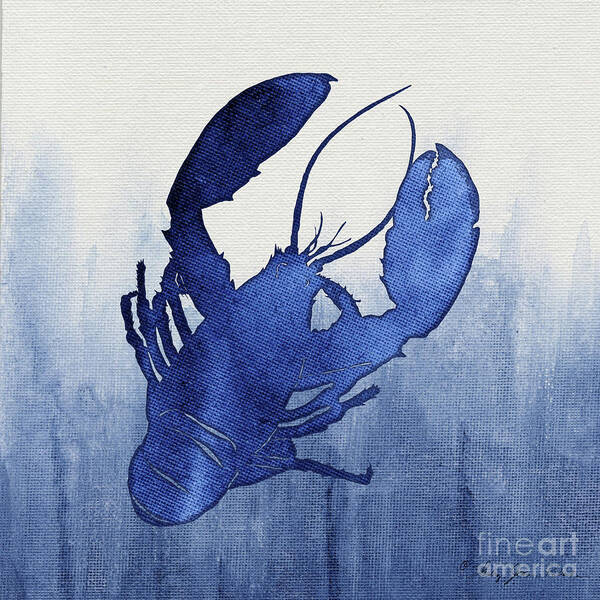 Lobster Art Print featuring the painting Shibori Blue 3 - Lobster over Indigo Ombre Wash by Audrey Jeanne Roberts