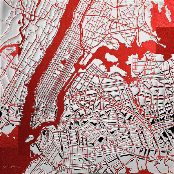 'nyc ' Collection By Serge Averbukh Art Print featuring the digital art Silver Cities - Silver City Map New York on Red by Serge Averbukh