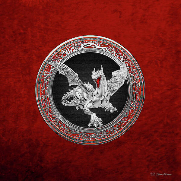 'the Great Dragon Spirits' Collection By Serge Averbukh Art Print featuring the digital art Silver Guardian Dragon over Red Velvet by Serge Averbukh