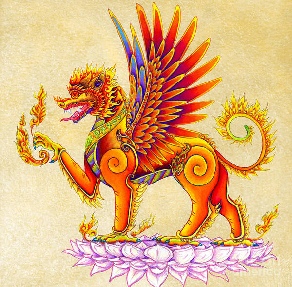 Singha Art Print featuring the drawing Singha Balinese Winged Lion by Rebecca Wang