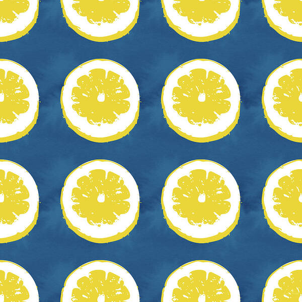 Lemons Art Print featuring the mixed media Sliced Lemons on Blue- Art by Linda Woods by Linda Woods