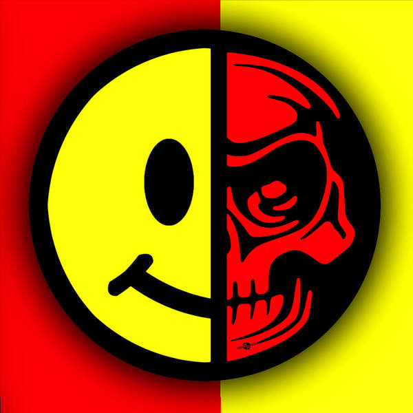 Skull Art Print featuring the painting Smiley Face Skull Yellow Red Shadow by Tony Rubino