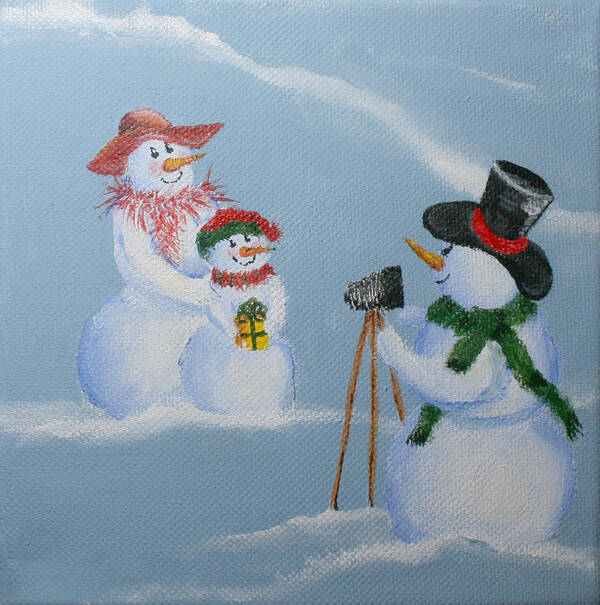 Snowman Art Print featuring the painting Snowie Photographer by Donna Tucker