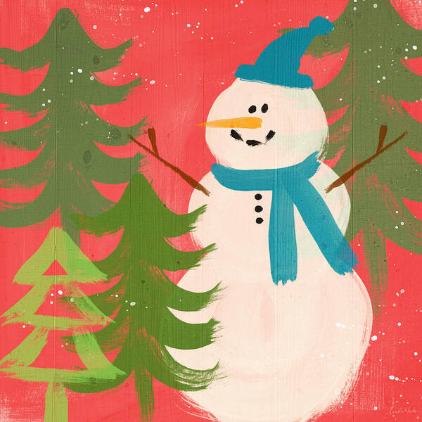 Snowman Art Print featuring the painting Snowman in Blue Hat- Art by Linda Woods by Linda Woods
