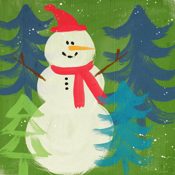 Snowman Art Print featuring the painting Snowman in Red Hat-Art by Linda Woods by Linda Woods