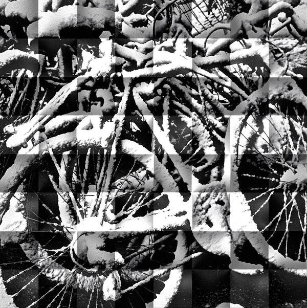 Black And White Photo Of Bikes Covered In Snow. Digitally Enhanced.black Bike Art Print featuring the photograph Snowy Bike by Joan Reese