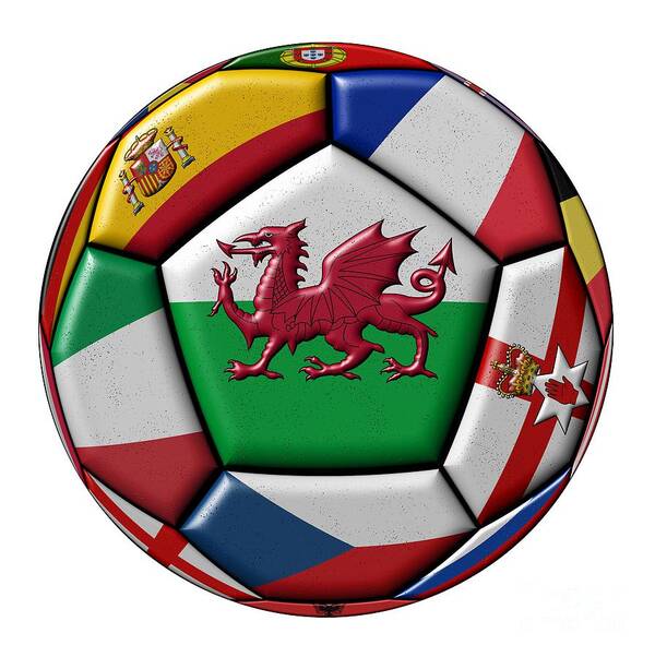 Europe Art Print featuring the digital art Soccer ball with flag of Wales in the center by Michal Boubin