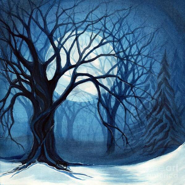 Moon Art Print featuring the painting Something In the air tonight - Winter Moonlight Forest by Janine Riley