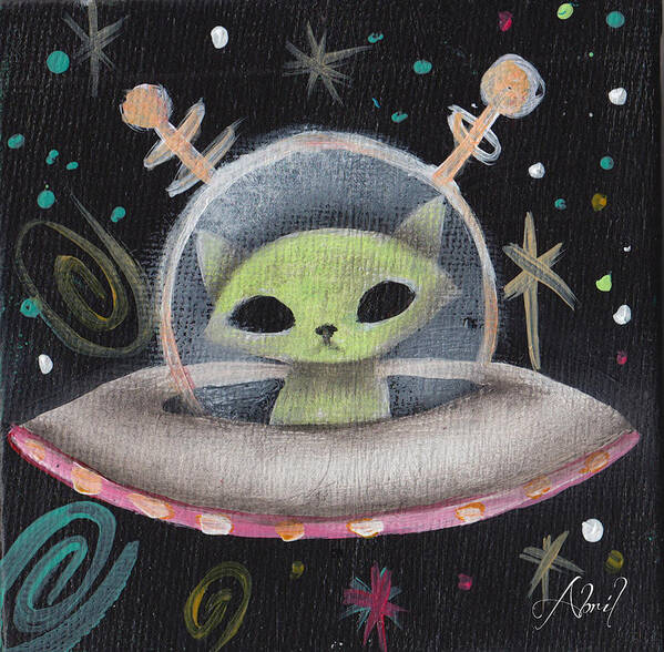 Mid Century Modern Art Print featuring the painting Space Ship Green Cat by Abril Andrade