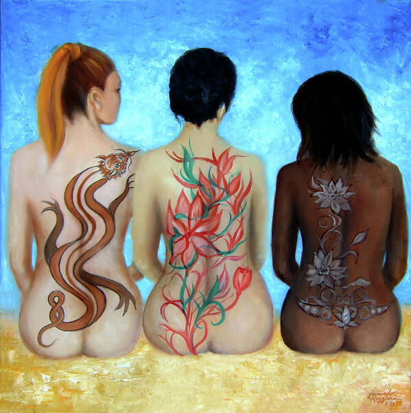 Tattooed Women Nudes Art Print featuring the painting Tattooed Stately Curves by Leonardo Ruggieri