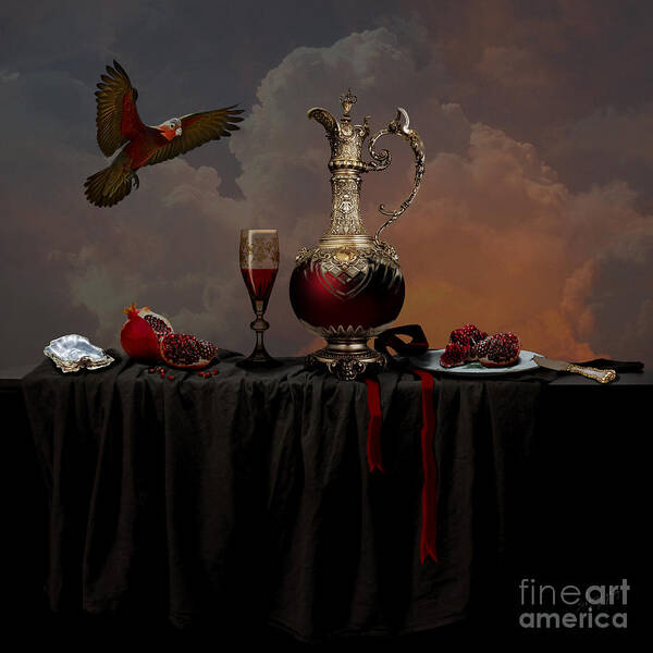 Red Art Print featuring the photograph Still life with pomegranate by Alexa Szlavics
