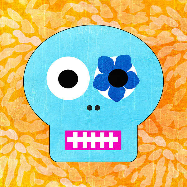 Day Of The Dead Art Print featuring the painting Sugar Skull Blue and Orange by Linda Woods