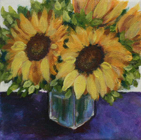 Sunflower Art Print featuring the painting Sunflowers in a Square Vase by Donna Tucker