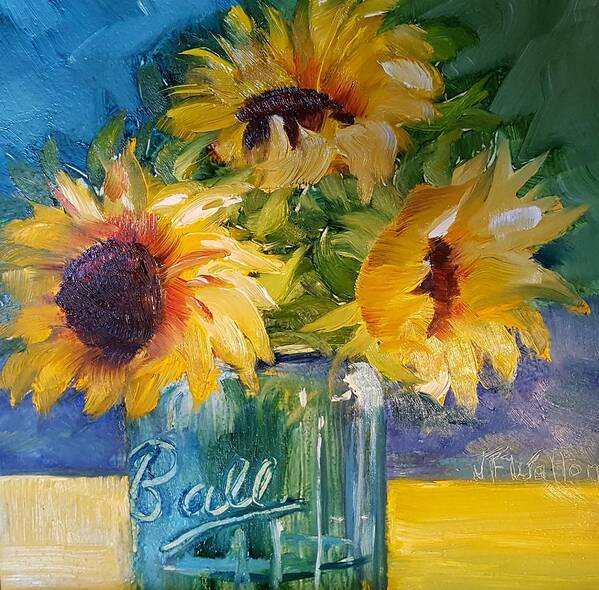 Sunflowers Art Print featuring the painting Sunfowers/Blue Ball jar by Judy Fischer Walton