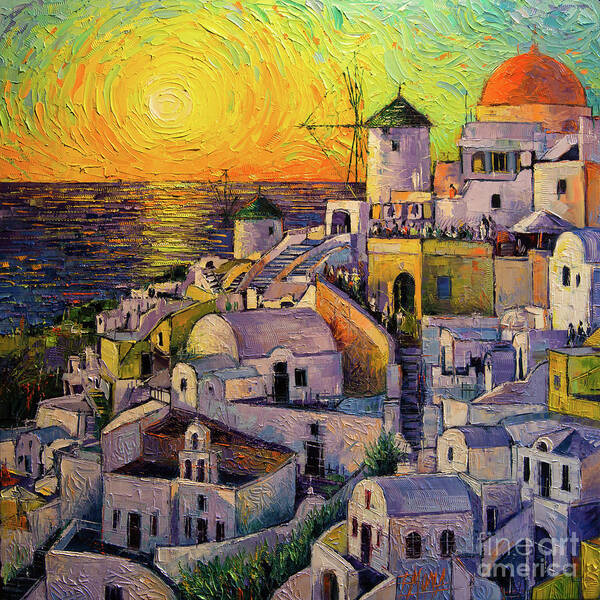 Sunset In Santorini Art Print featuring the painting Sunset In Santorini by Mona Edulesco