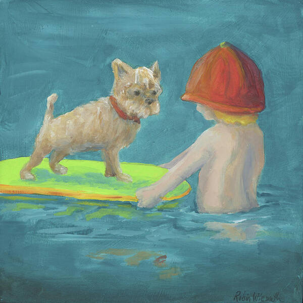 Dog Art Print featuring the painting Surfing lessons by Robin Wiesneth