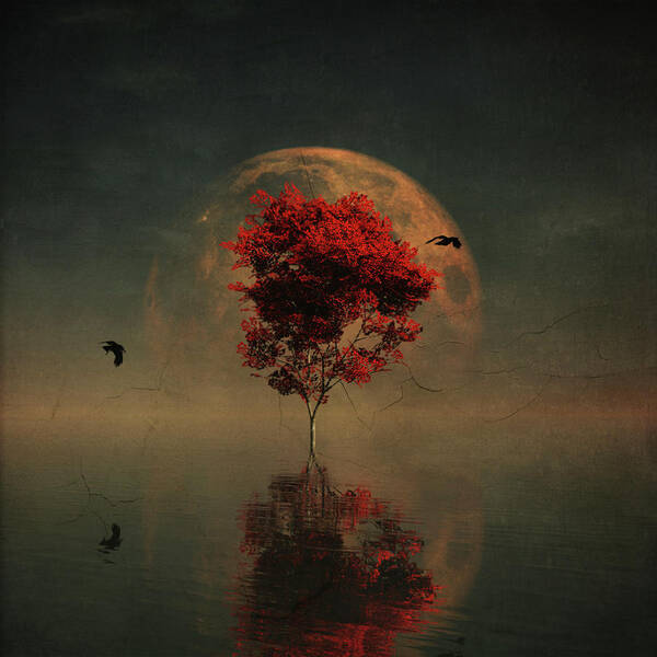 Sunset Art Print featuring the painting Surrealistic landscape with red mapple and full moon by Jan Keteleer