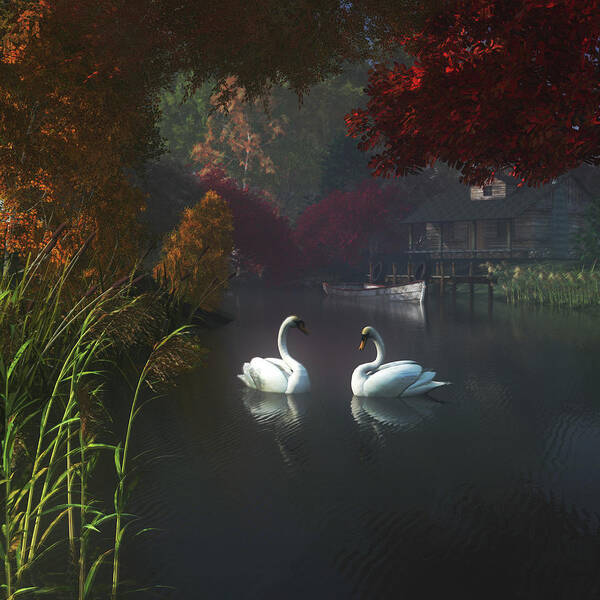 Autumn Art Print featuring the painting Swans in a river near home by Jan Keteleer