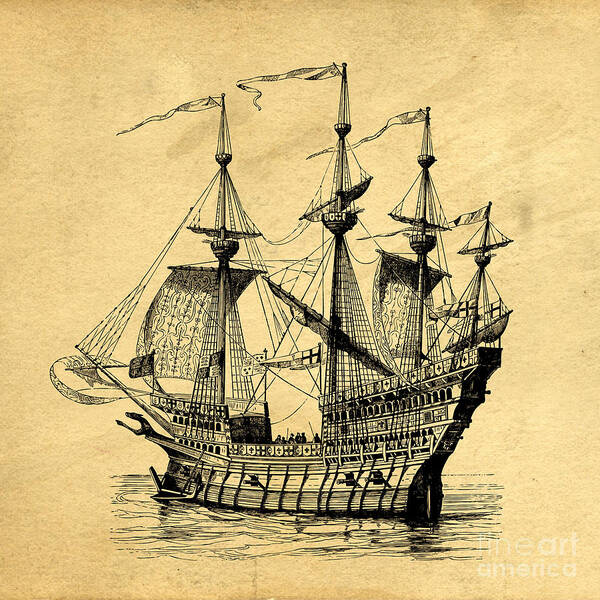 Pirate Art Print featuring the drawing Tall Ship Vintage by Edward Fielding