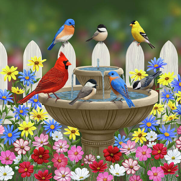 Birds Art Print featuring the painting The Colors of Spring - Bird Fountain in Flower Garden by Crista Forest