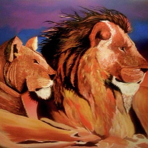 Lions In The Pride Art Print featuring the painting The Pride by Femme Blaicasso