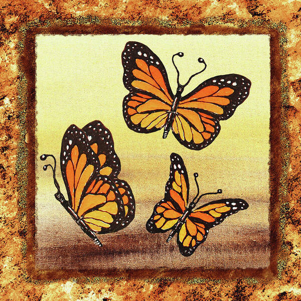 Monarch Butterfly Art Print featuring the painting Three Monarch Butterflies by Irina Sztukowski