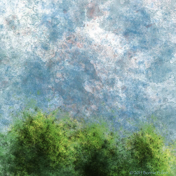 Bonnie Follett Art Print featuring the digital art Three Trees with Clouds muted version by Bonnie Follett