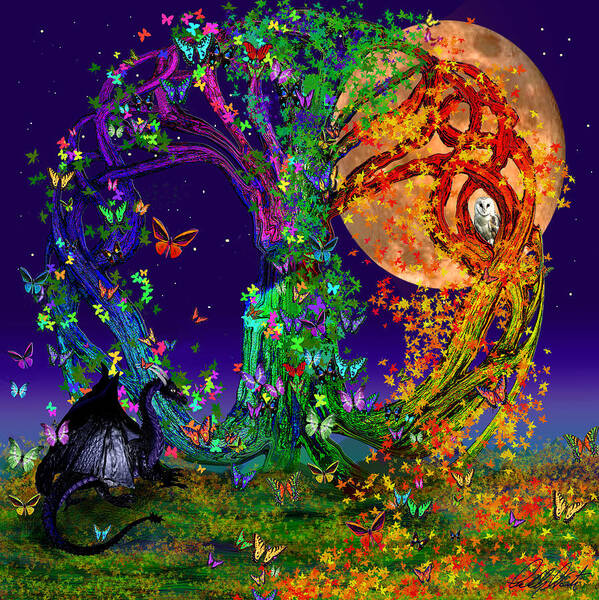 Harvest Moon Art Print featuring the painting Tree Of Life With Owl and Dragon by Michele Avanti