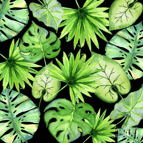 Graphic-design Art Print featuring the digital art Tropical Leaves On Black by Sylvia Cook